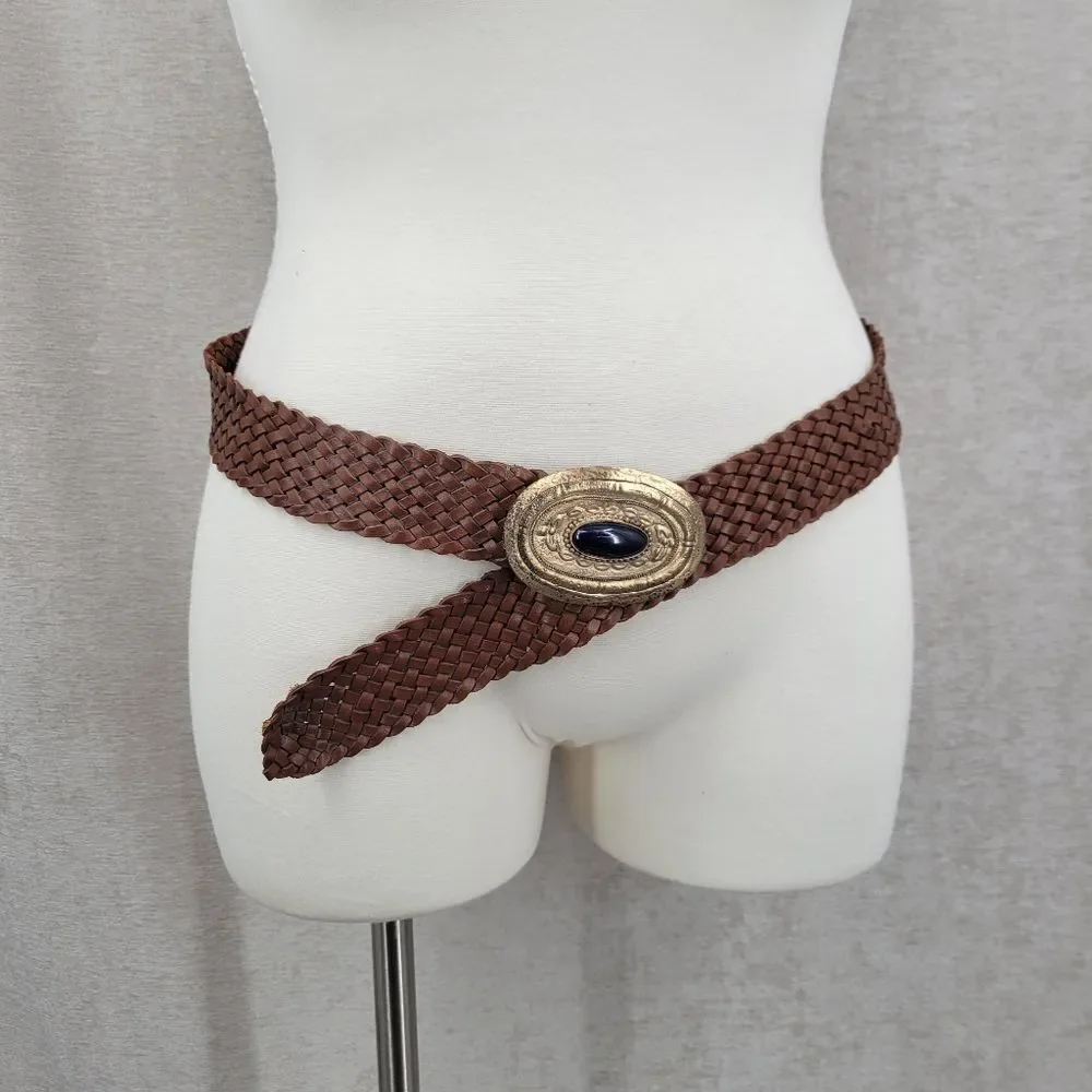 Vintage Brown Woven Belt with Gold Oval Buckle with Navy Blue Faux Stone